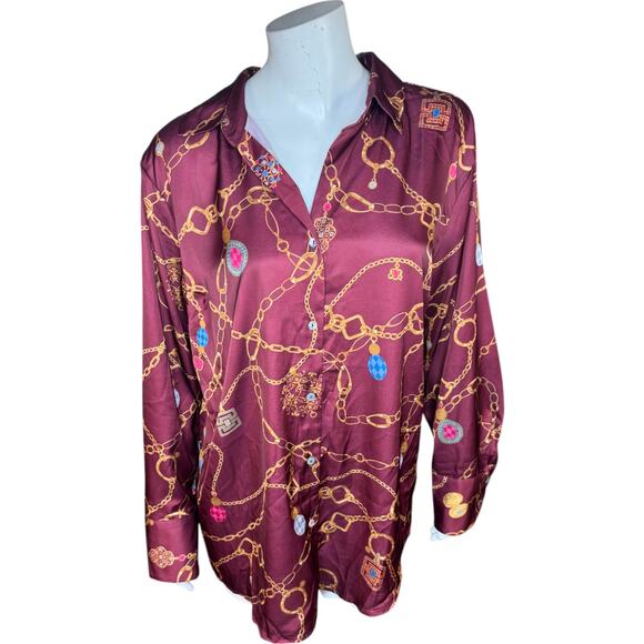 Susan Graver Regular Printed Charmeuse Button-Front Tunic Dark Cranberry Small - Picture 1 of 12